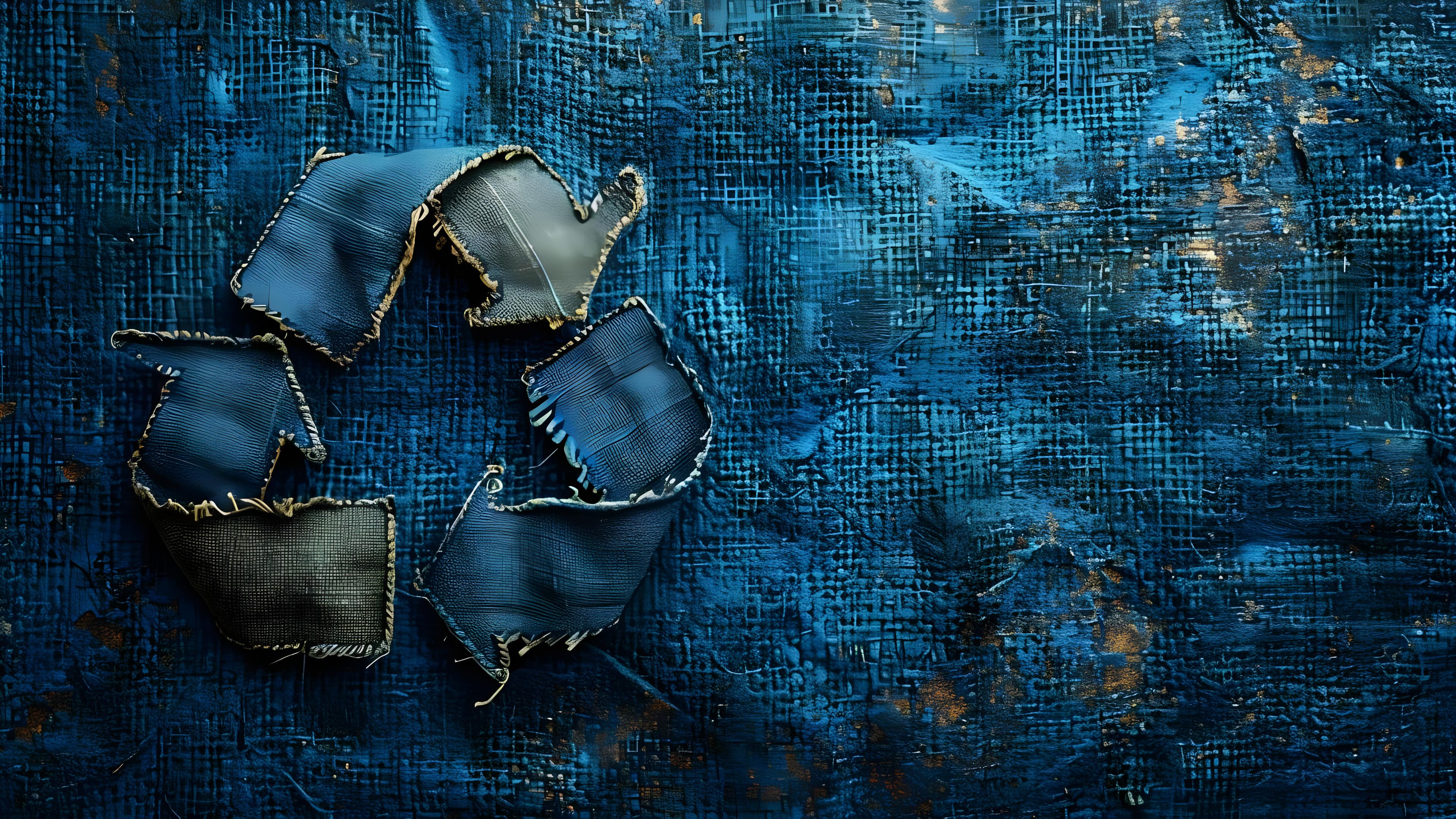 Recycled denim fragments on a worn blue denim surface representing textile waste valorization